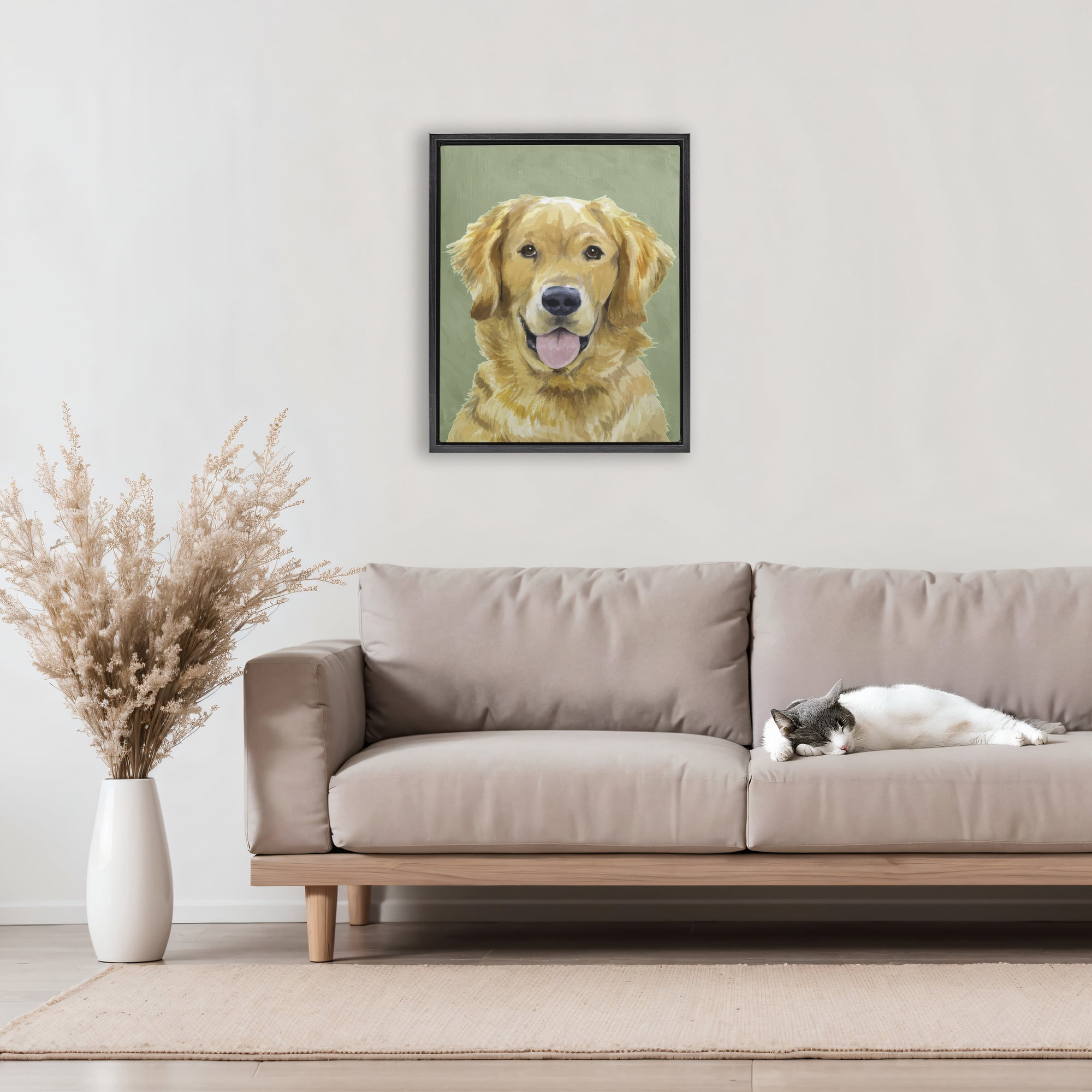 Stupell Industries Smiling Golden Retriever Portrait Black Framed Floater Canvas Wall Art, design by Lil' Rue