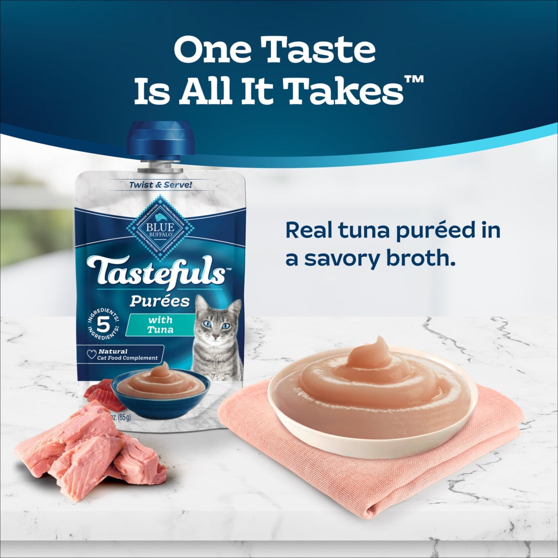 (12 pack) Blue Buffalo Tastefuls Adult Cat Natural Purées, Tuna 3-oz Resealable Twist Cap Pouch