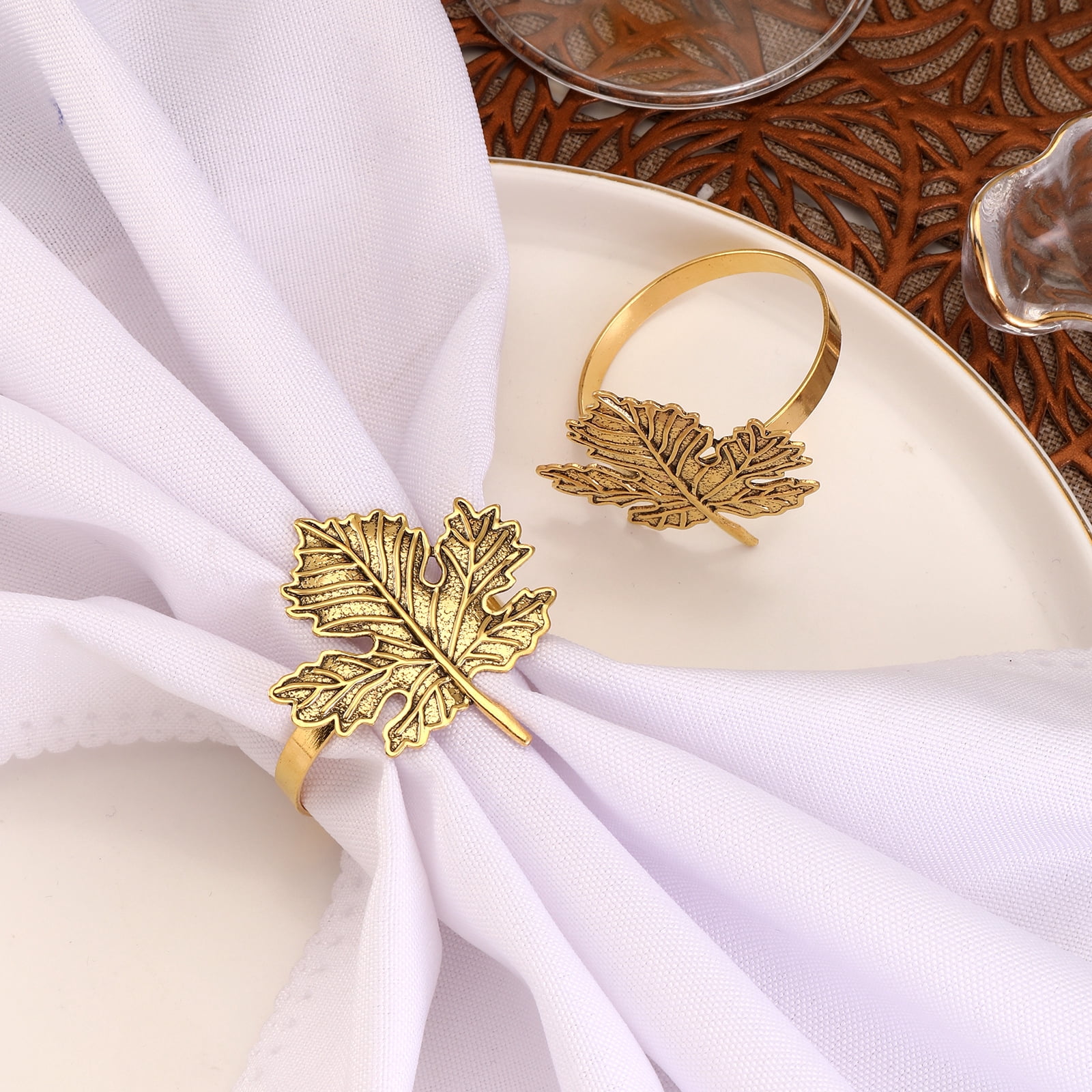 12 Set Thanksgiving Napkins & Rings - Autumn Turkey Metal Rings & 4 Color Cloth Napkins For Holiday Table Decor