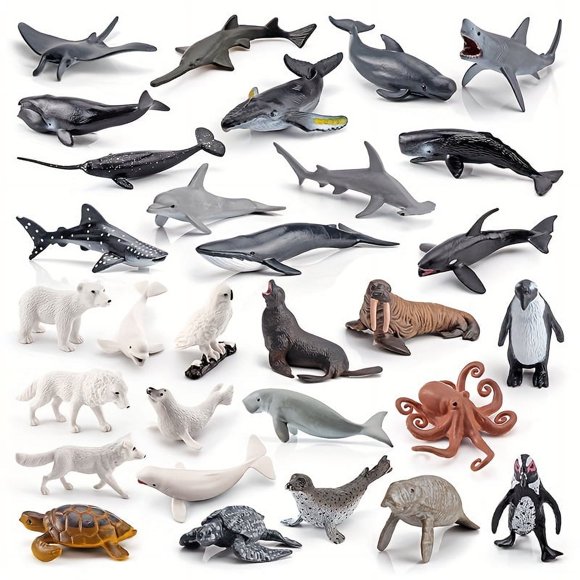 DEBGFS Modèle de Vie Marine Simulation Baleine Blanche Pingouin Baleine Bleue Lion de Mer Vache de Mer Assorti Mini Animal Décoration de Bureau Jouets, Animal Marin 30 Pcs, Aucun