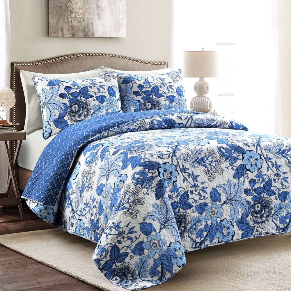 Lush Decor Sydney Floral Cotton Reversible Quilt, Full/Queen, Navy