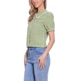 thumbnail image 4 of INSPIRE CHIC Women's Contrast Peter Pan Collar Blouse Puff Short Sleeve Plaid Shirt Top XS Green, 4 of 6