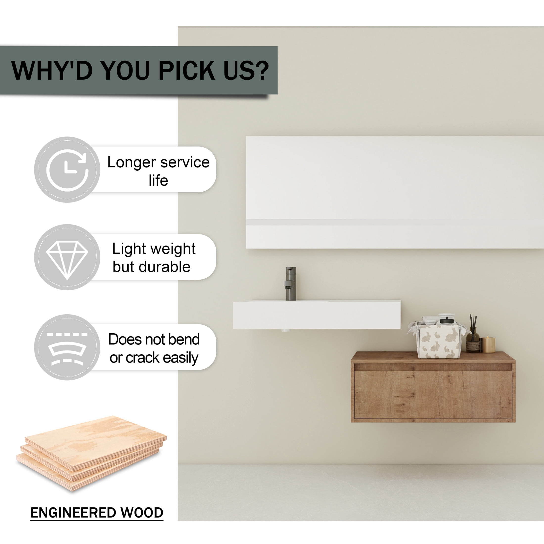 Noble House 30" Wall-Mounted Left Bathroom Vanity, Resin Sink, Soft-Close Drawer, Mid Century Design, Imitative Oak