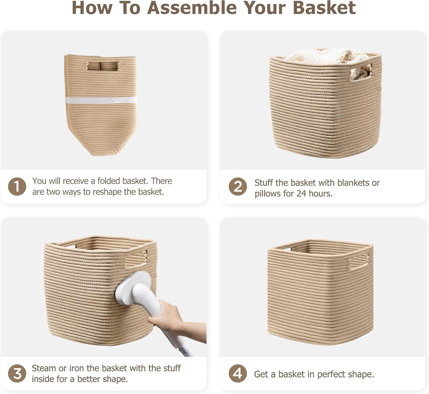 HBlife Set of 4 Storage Cubes-13 X 13 X 13 In, Cotton Rope Basket with Handles,Brown