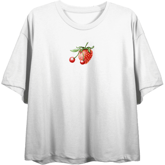 Strawberry And Cherry Fruit Adult White Crew Neck Short Sleeve Tee-Medium