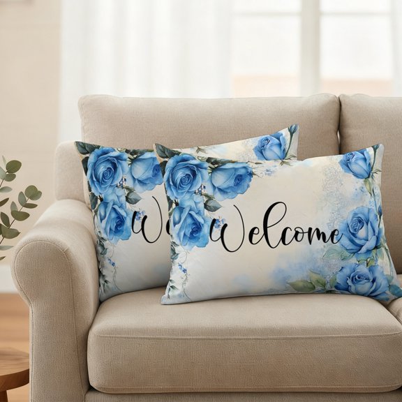 Blue Rose Vintage Spring Floral Waterproof Throw Pillow Covers Set of 2 Pastoral Watercolor Flower Outdoor Cushion Cover Pillow Protector Decorative Pillowcases for Bed Sofa Couch,20x12in