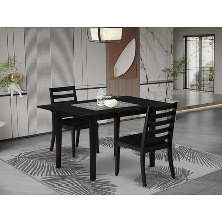 East West Furniture NFX13-BLK-24 -3 Piece Dining Set Includes a Rectangle Kitchen Table with Black Tabletop and 2 Stackable Linen Fabric Chairs Black