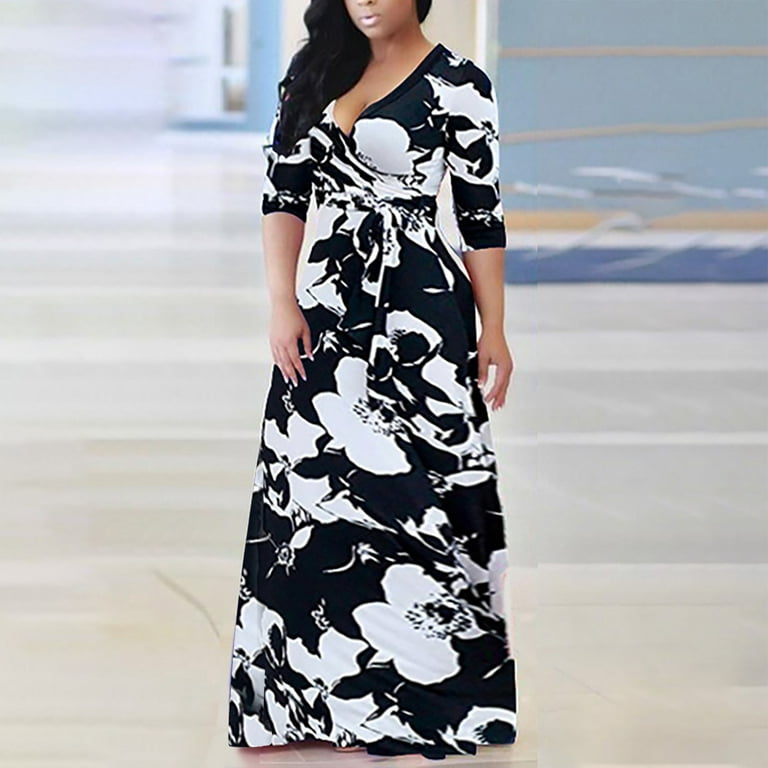 QENGING Womens Plus Size Dresses Flare V neck Print Big Swing Dress Long Skirt Deals