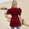 thumbnail image 4 of Yesfashion Women Dressy Deep V Neck Belted Tie Peplum Tops Empire Waist Wrap Blouse Puff Short Sleeve Shirt, 4 of 5