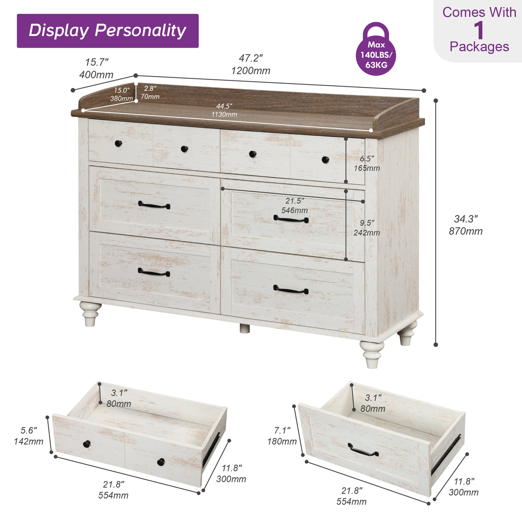 47" Double Dresser with 6 Drawers, Wood Chest of Drawers for Bedroom, Storage Organizer Dresser for Kids, Antique White