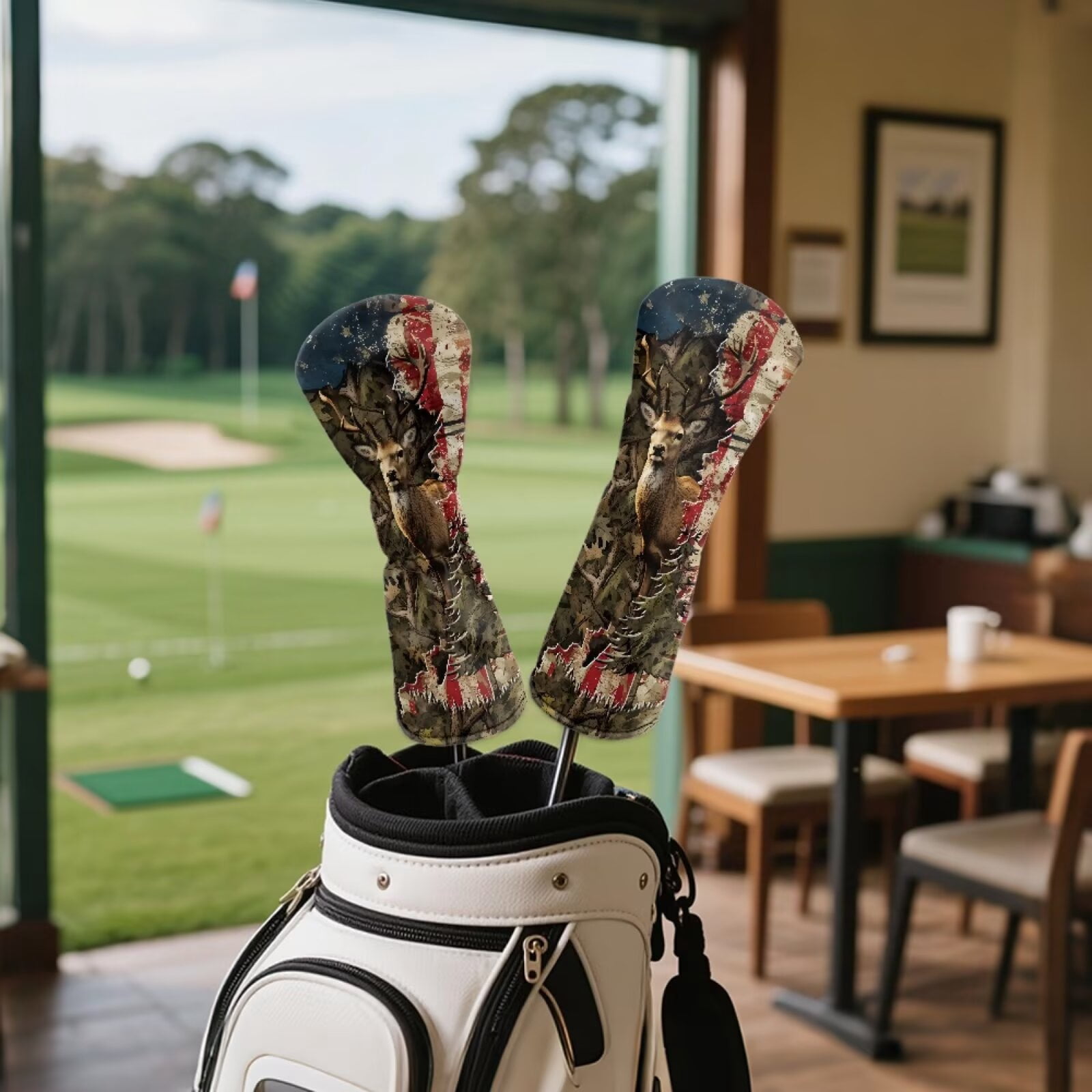 Uorisanigo Golf Club Head Covers - Driver, Fairway #3#5, Hybrid Headgear, Premium Headcovers Set Fit Most Clubs, PU Leather Camo American Flag Deer Hunter Headcovers, Golf Accessories