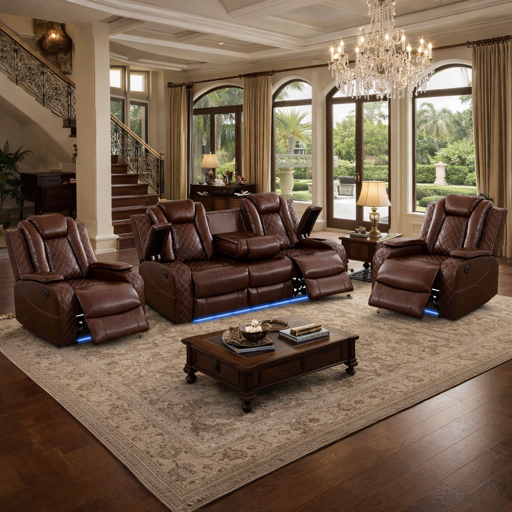 Gewnee 3-Seat Power Adjustable Sofa with 2 Recliners, Console & Cup Holders, Air Leather, Adjustable Recline, Ideal for Living Room,Brown