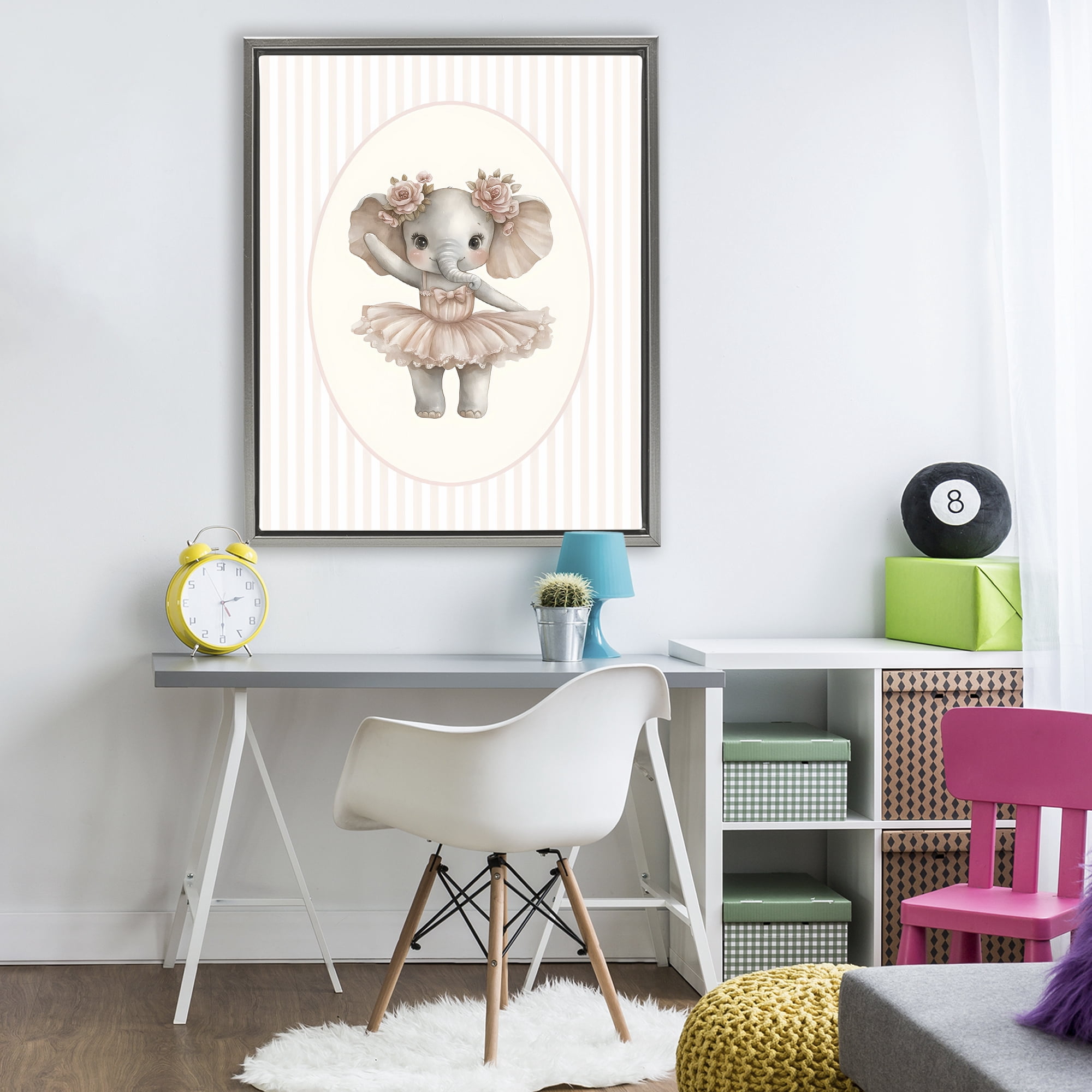 Stupell Industries Nursery Ballerina Elephant Striped Gray Framed Floater Canvas Wall Art, design by LSR Design Studio
