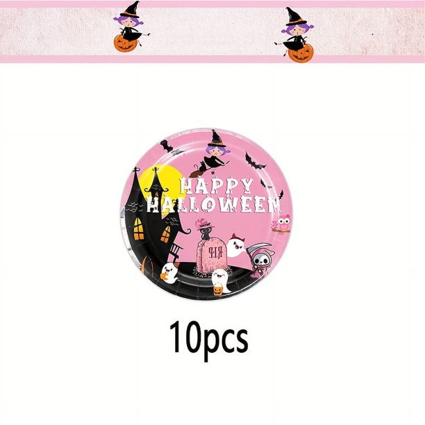 1/10/20pcs Halloween Dinnerware Set, Halloween Cute Children's Party Decoration, Pink Paper Plate, Napkins, Table Cloth, Pink Paper Cup, Halloween Decoration, Party Supplies, Halloween Supplies