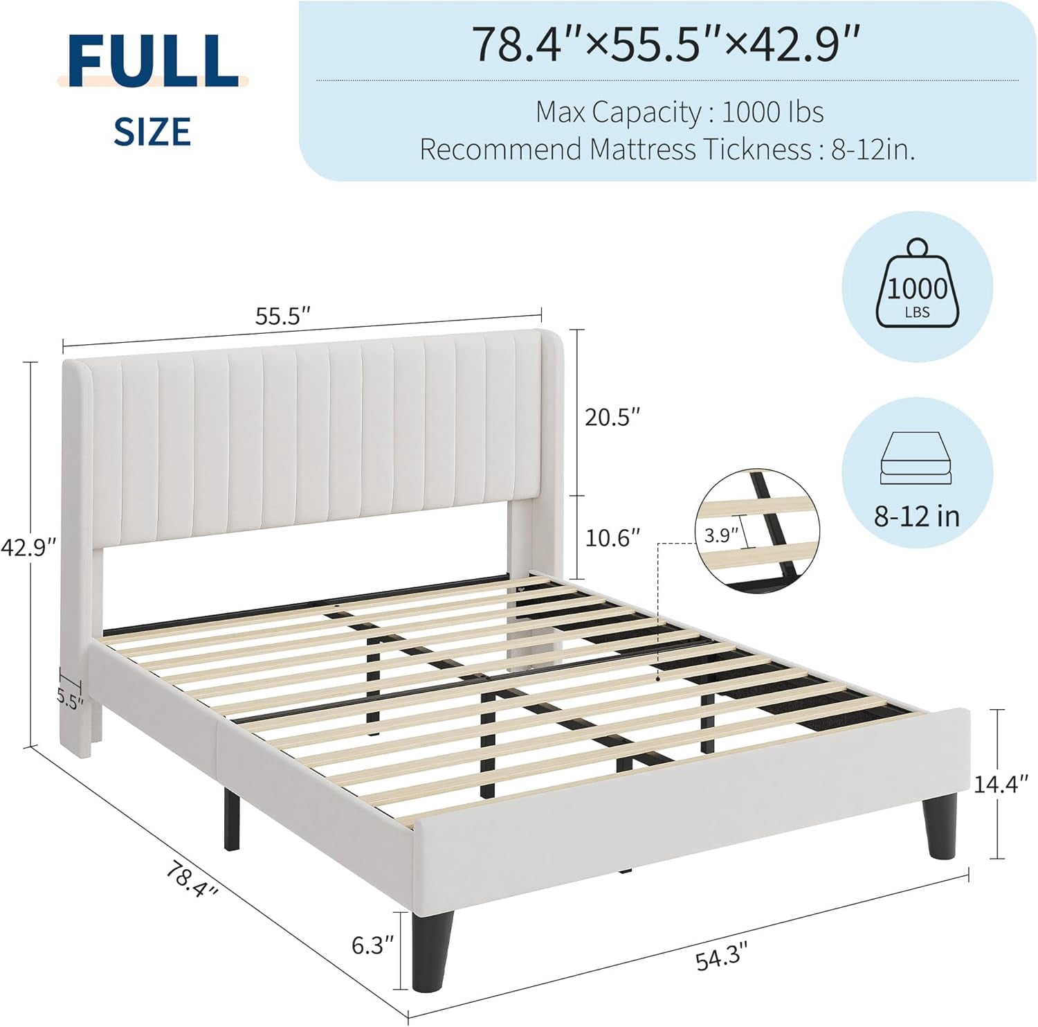 Full/Queen Size Velvet Bed Frame with Upholstered Headboard, Velvet Platform Bed Frame Wingback with Wood Slats, No Box Spring Needed, Easy Assembly, White