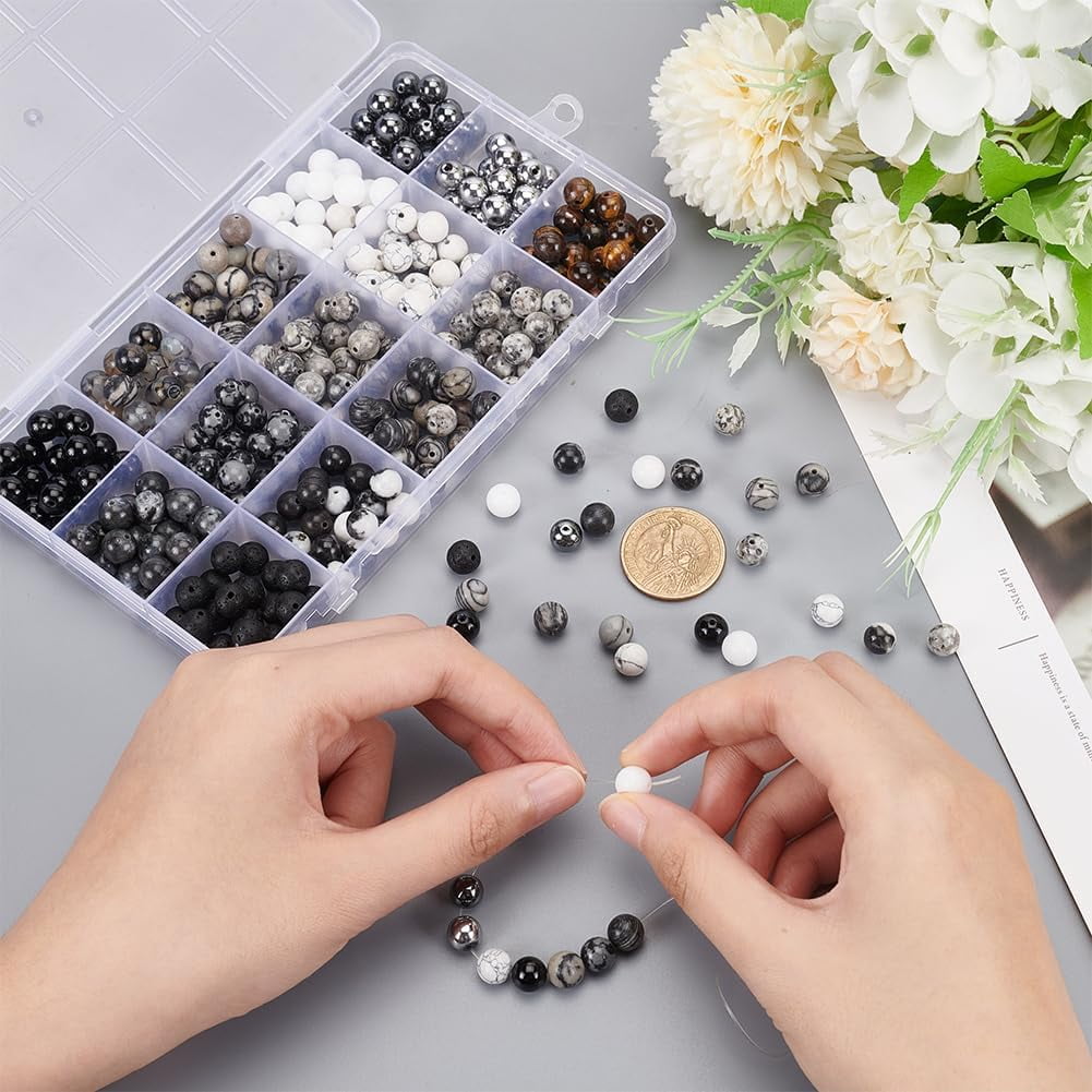 300PCS Round Black White Stone Beads 8mm Marble Loose Beads Gemstone Beads for Friendship Bracelet Earring Necklace Jewelry Making Eid Mubarak Ramadan Decoration
