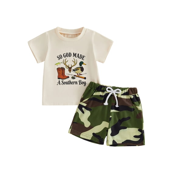 BemeyourBBs Toddler Baby Boy Duck Hunting Outfits Infant Baby Boy Summer Clothes So God Made A Southern Boy Animal Boots Print Short Sleeve T Shirt and Camouflage Shorts Set