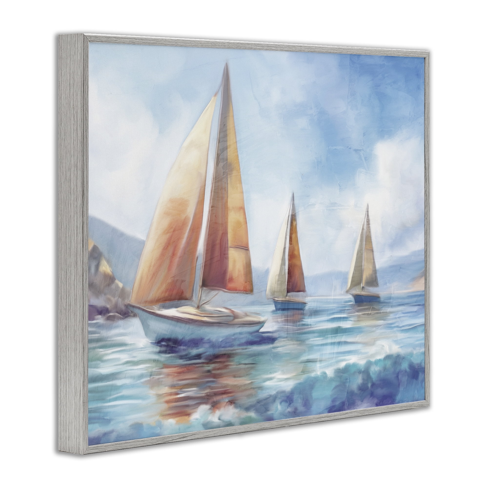 Stupell Industries Three Boats Drifting Coastal Painting Gray Framed Art Print Wall Art, 20 x 16