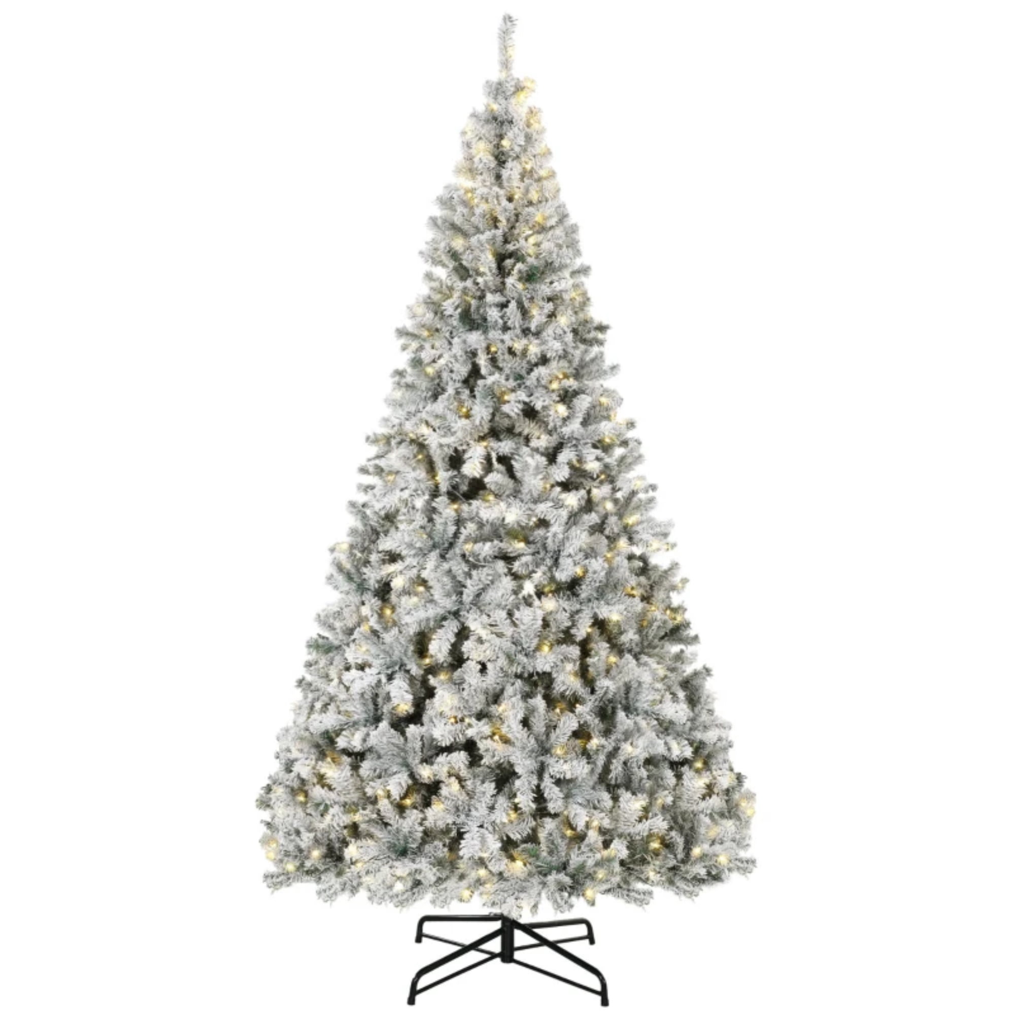 9 ft Pre-Lit Flocked Christmas Tree with 600 Warm White Lights, Hinged Branches, 1852 Tips, Foldable Steel Stand for Indoor Holiday Decor