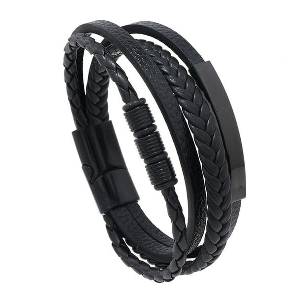 Pulsera de cuero multicapa personalizada, resistente y moderna, para amigos y familias. Hebilla negra