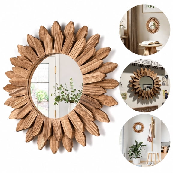 12 Inch Sunburst Rustic Wood Wall Mirror, Boho Decor Mirror, Wall Decor for Living Room Bedroom Entryway Bathroom, Farmhouse Mirrors for Wall, Ideal House Warming & New Home Essential