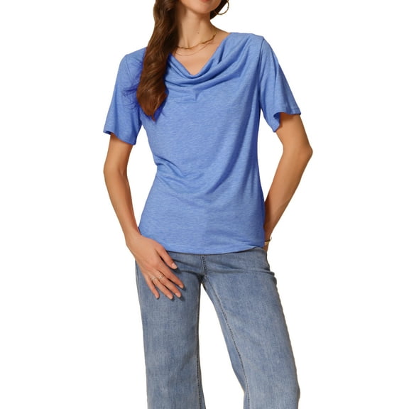 INSPIRE CHIC Women's Cowl Neck Short Sleeve Casual Stretchy Top S Blue