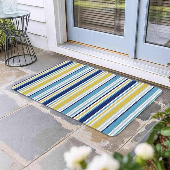 Blue Yellow Striped Door Mat Indoor Outdoor,Farmhouse Navy Blue Ombre Stripes Non Slip Welcome Mat with Rubber Backing,Absorbent Fabric Front Door Mats Entryway Rug for Home Patio Entrance 20"x31.5"