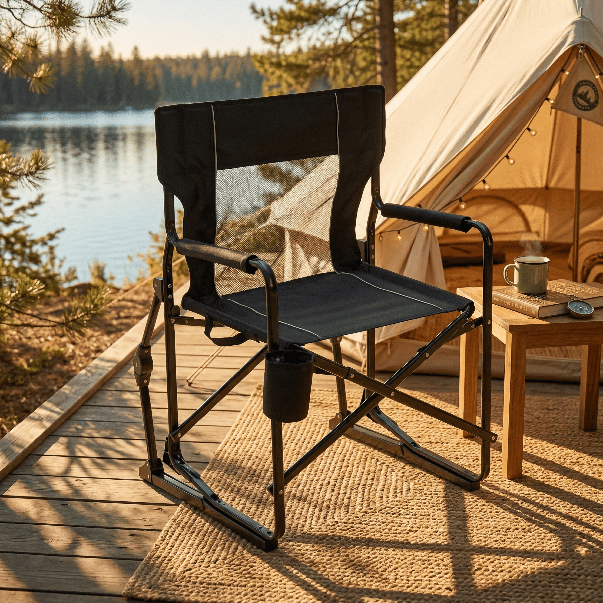 LIFERECORD Outdoor Rocker Camping Chair, Portable Folding Rocking Chair Waterproof Cup Holder, Mesh Back for Patio Beach Sports Events