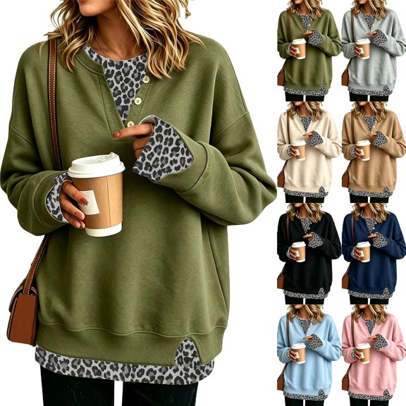 Women's Henley Sweatshirt Mock Two Piece Pullover Leopard Layered Long Sleeve Button Crew Neck Drop Shoulder Split Hem Loose Fit Tunic Top Army Green L