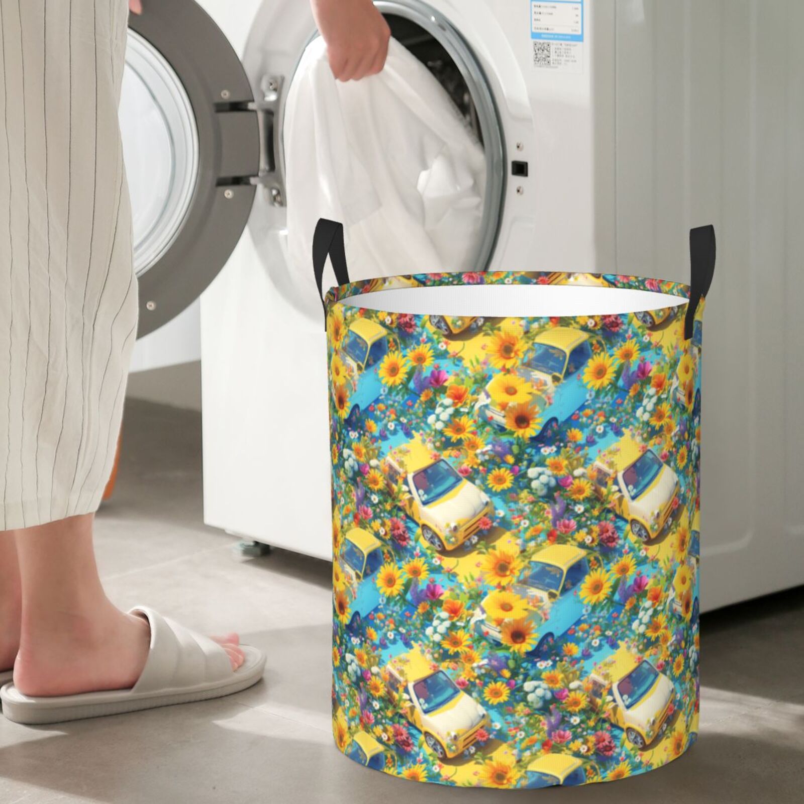 Large Laundry Basket with Handles - yellow car colorful sunflower Kids Baby Dirty Clothes Laundry Hamper for Bedroom Aesthetic