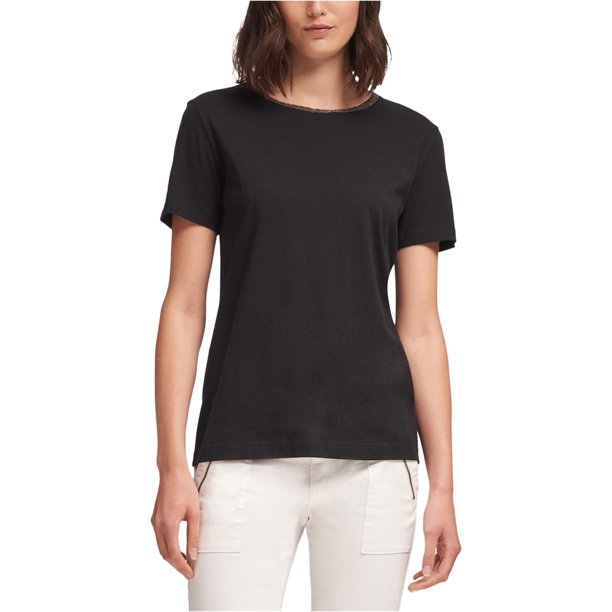 DKNY - Camiseta con adornos de cuentas para mujer, color negro, grande DKNY Camiseta adornada