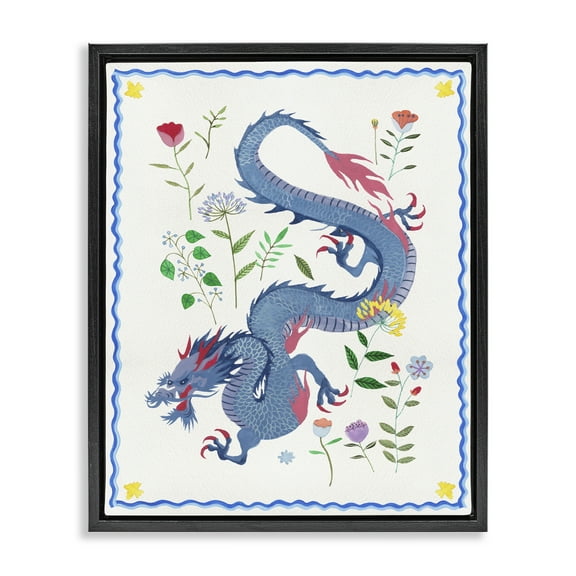 Stupell Industries Blue Dragon & Botanicals Fantasy & Sci-Fi Painting Black Floater Framed Canvas Art Print Wall Art, 17 x 21