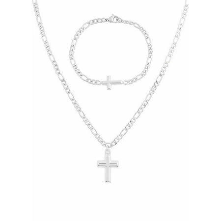 20 inch Womens Silver Figaro Chain Necklace Cross Pendant with Matching Bracelet Classic Cross