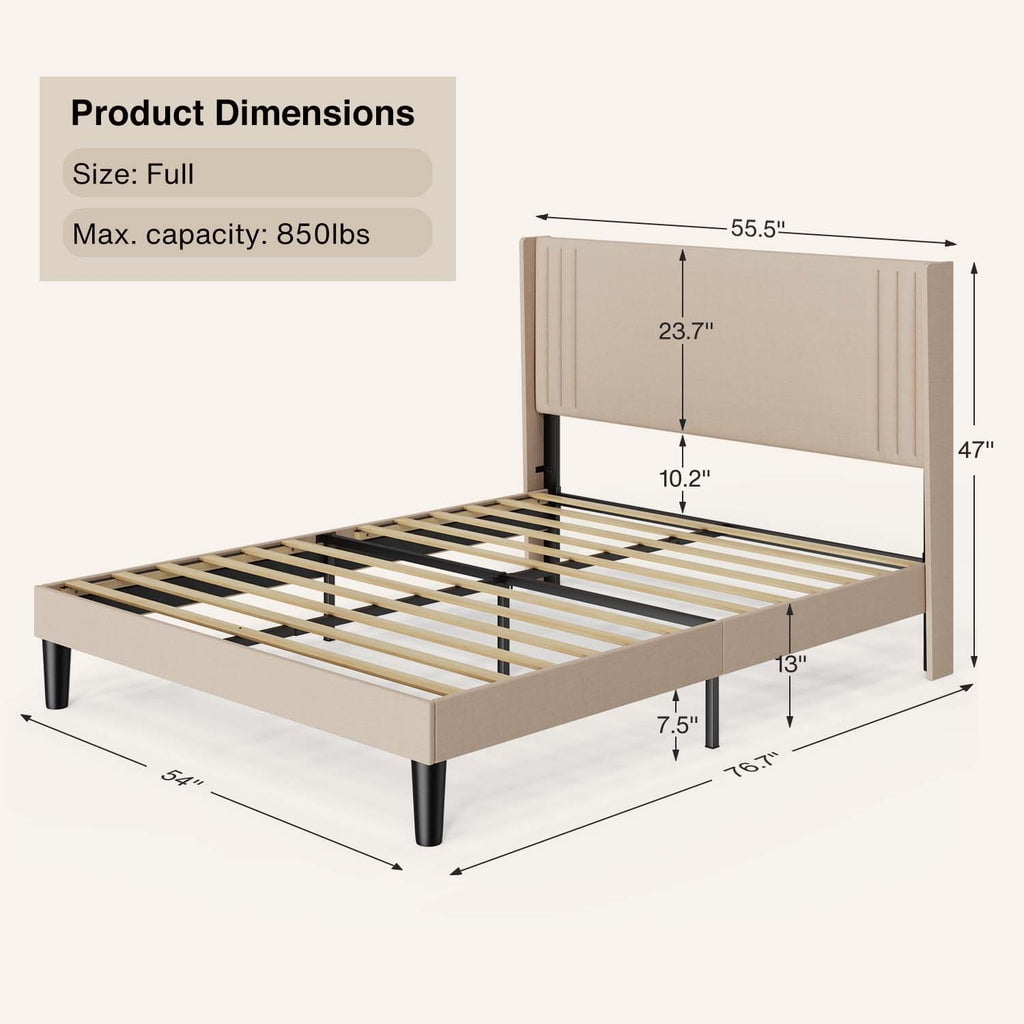 Aiho Full Size Bed Frame, Upholstered Platform Bed Frame with Sturdy Metal Frame, Modern Wingback Headboard - Beige