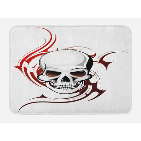 Tattoo Bath Mat, Scary Fierce and Wild Skull with Red Flames Tribal Artistic Tattoo Image Design, Non-Slip Plush Mat Bathroom Kitchen Laundry Room Decor, 29.5 X 17.5 Inches, Red and White, Ambesonne