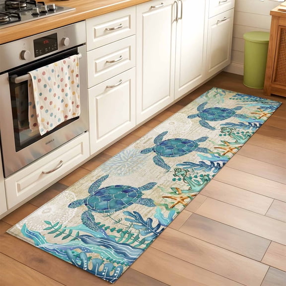 2'x6' Rug Runners for Hallways Kitchen, Teal Sea Turtle Coastal Non Slip Entryway Beside Floor Carpet Runner, Vintage Summer Beach Seaweed Washable Laundry Room Bedroom Throw Rugs Mat for Family Pet