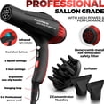 thumbnail image 4 of Secador de pelo profesional BELLFORNO iónico, 2200 W, motor CA potente, cerámica de turmalina, silencioso con difusor y 2 boquillas concentradoras, negro y rojo, 4 of 5