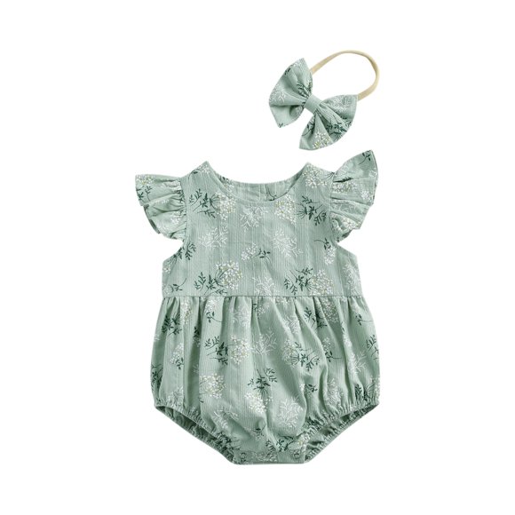 ITFABS Baby Floral Print Round Collar Fly Sleeve Bodysuit+ Hair Band