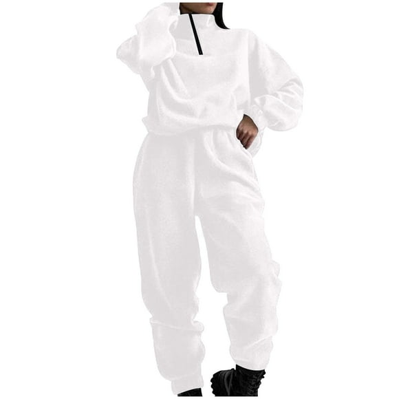 Sweatpants Outfits Fashion Women Casual Solid Long Sleeve Zipper Pockets Elastic Waist Long Sleeve Round-Neck Blouses Sets Biker Sets Two Piece Outfits S-167 White L