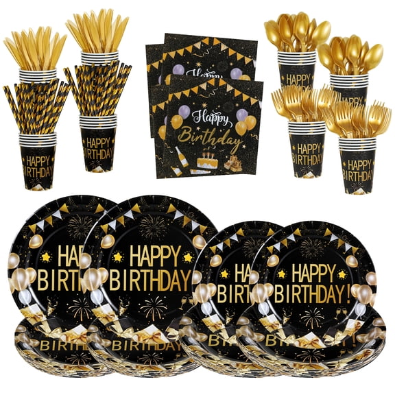 280pcs Black Gold Birthday Party Supplies Decorations Serve 40, Paper Plates and Napkins Set, Disposable Party Decorations, Plastic Forks Knives Spoons, Paper Plates Napkins Cups