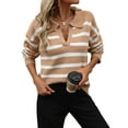 thumbnail image 2 of Women'S Striped Sweater Trendy V Neck Long Sleeve Knit Pullover Loose Jumper Tops Knitwear Khaki XL, 2 of 9