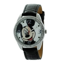 Mickey Mouse Watch With Stone Bezel and Genuine Leather Black Strap MCK919