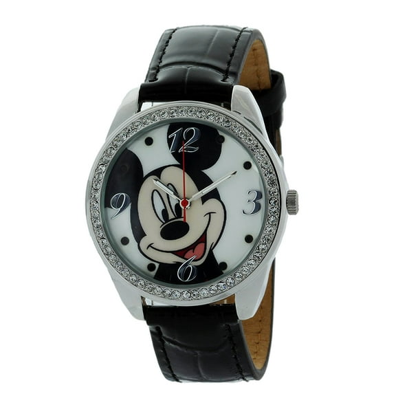 Mickey Mouse Watch With Stone Bezel and Genuine Leather Black Strap MCK919
