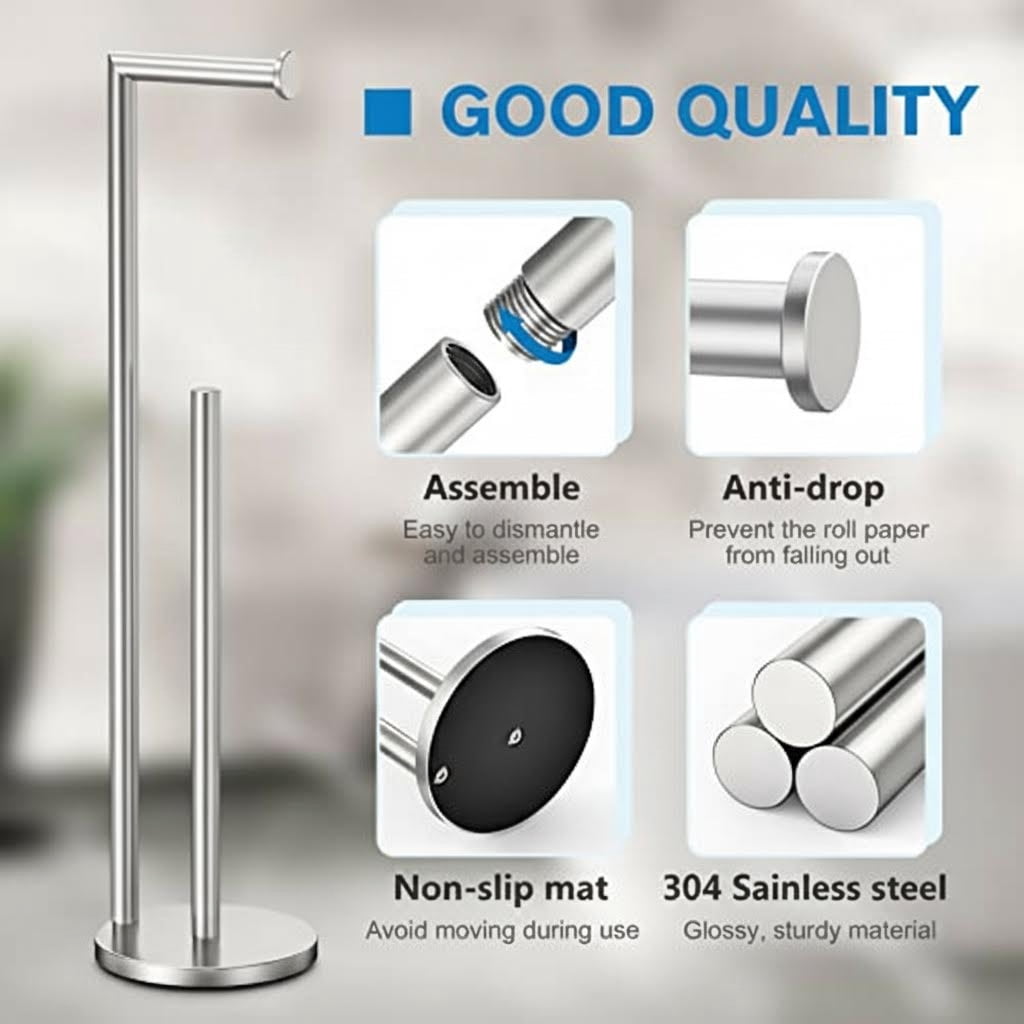 Freestanding Toilet Paper Holder Stand with Storage, Brushed Nickel Finish, Modern Bathroom Organizer for Tissue Roll Dispenser and Extra Storage Space