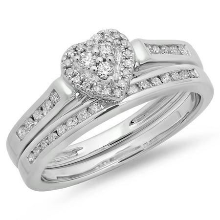 Dazzlingrock Collection 0.50 Carat (ctw) 14K Round Diamond Heart Shaped Bridal Engagement Ring Set 1/2 CT, White Gold, Size 5.5