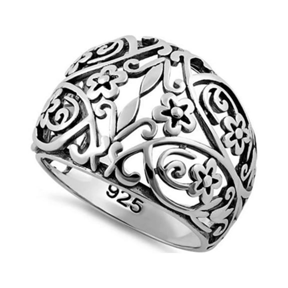 925 Sterling Silver Oxidized Platinum Plated Floral Women Valentines Day Gifts Ring