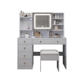 thumbnail image 2 of Makeup Vanity Desk with Lights, Vanity Desk with Power Strip, 5 Drawers and Stool, Built-in Storage Shelves and 3 Lighting Color Adjustable, Bedroom Dressing Table Set Nightstand for Grils, Grey, 2 of 8