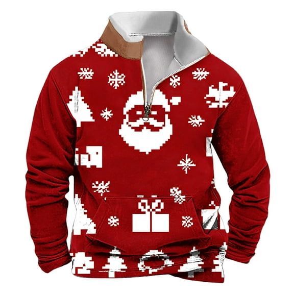 SERTG Men Christmas Hoodless Sweatshirt Men's Christmas Print Pullover Half Zip Stand Collar Long Sleeve Christmas Gifts Holiday Fashion Casual Top(Red,3XL)