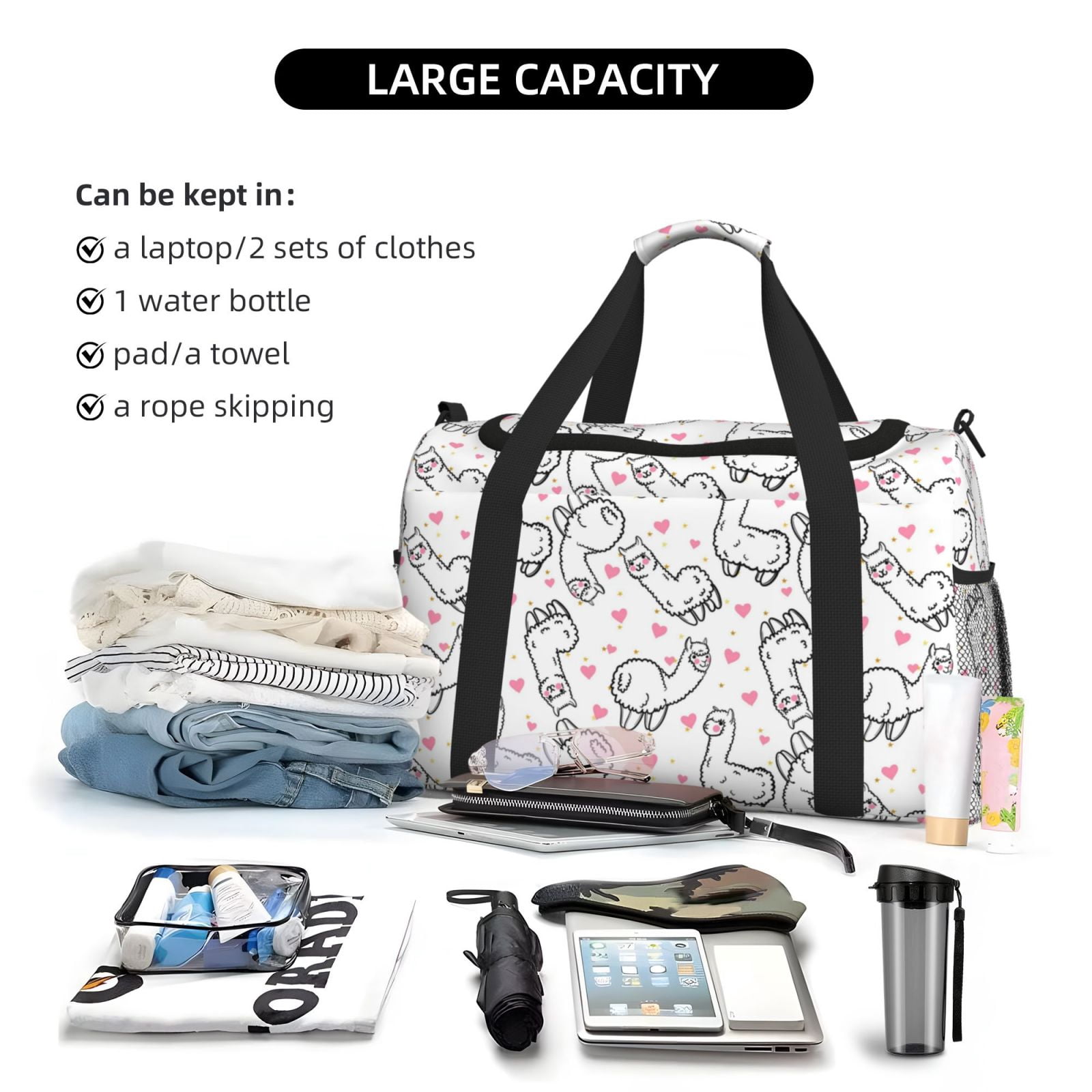 Fuzoiu Alpacas and Hearts Print Travel Duffle Bag,Carry On Tote Bags,Duffel Bag,Sport Gym Bag, Hospital Bag for Labor and Delivery, Overnight Bag,Luggage Bag