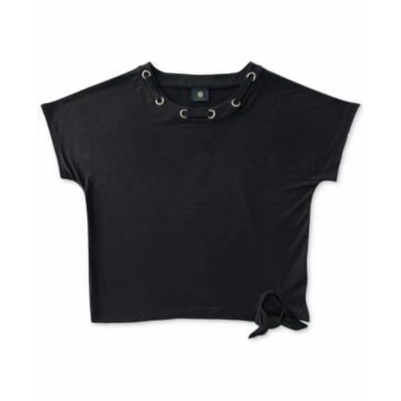 MSRP $50 Jm Collection Petite Grommet-Neck Tie-Front Top Black Size Petite (PP)
